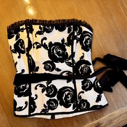 Y2K New White House Black Market black and white floral flocked strapless r top size 4 