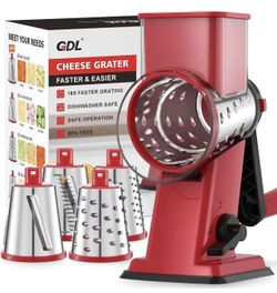 Rotary Cheese Grater Hand Crank - Upgraded Cheese Shredder with 4 Interchangeable Blades, Rotary Grater with Non-slip Suction Base, Easy to Clean Kitc