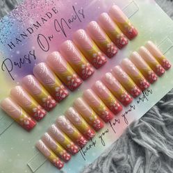 Long square press on nails yellow orange ombré French tip white flowers nude