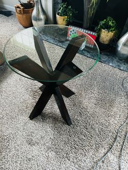 Round Glass Top End Table with Wood Base