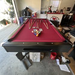 Pool Table 8ft 3-Piece Slate – Red Felt – Breaks Down – Complete Set