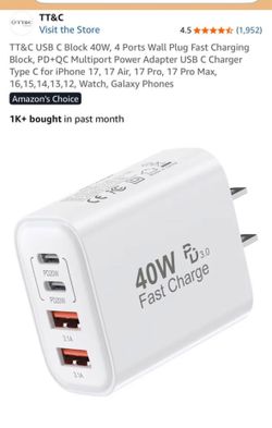 1 pack TT&C USB C Block 40W, 4 Ports Wall Plug USB C Charger Type C for iPhone 16,15,14,13,12,11, Pro Max, X, Xr, Xs, 8, Watch, Galaxy Phones, White  