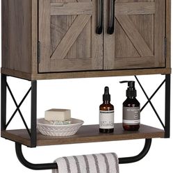 RUSTOWN Farmhouse Rustic Medicine Cabinet with Two Barn Door,Wood Wall Mounted Storage Cabinet with Adjustable Shelf and Towel Bar, 3-Tier Cabinet for
