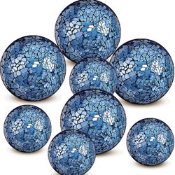 Qinyoung Blue 8 Pcs Decorative Ball for Bowls, 3'' 4'' Glass Mosaic Sphere Decorative Orbs for Centerpiece Bowls Vase Fillers, Wedding, Party, Coffee 