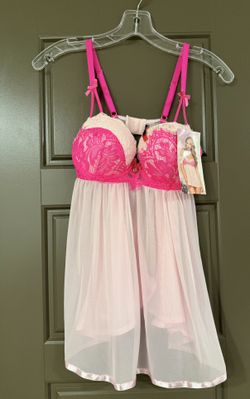 Lace-Trim Pink Mesh Babydoll Chemise with Fuchsia hot pink Cups