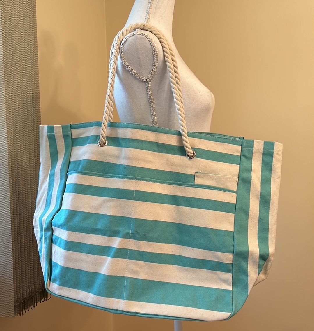 New DSW TOTE BAG - Tourquoise/beige striped with beige rope handles