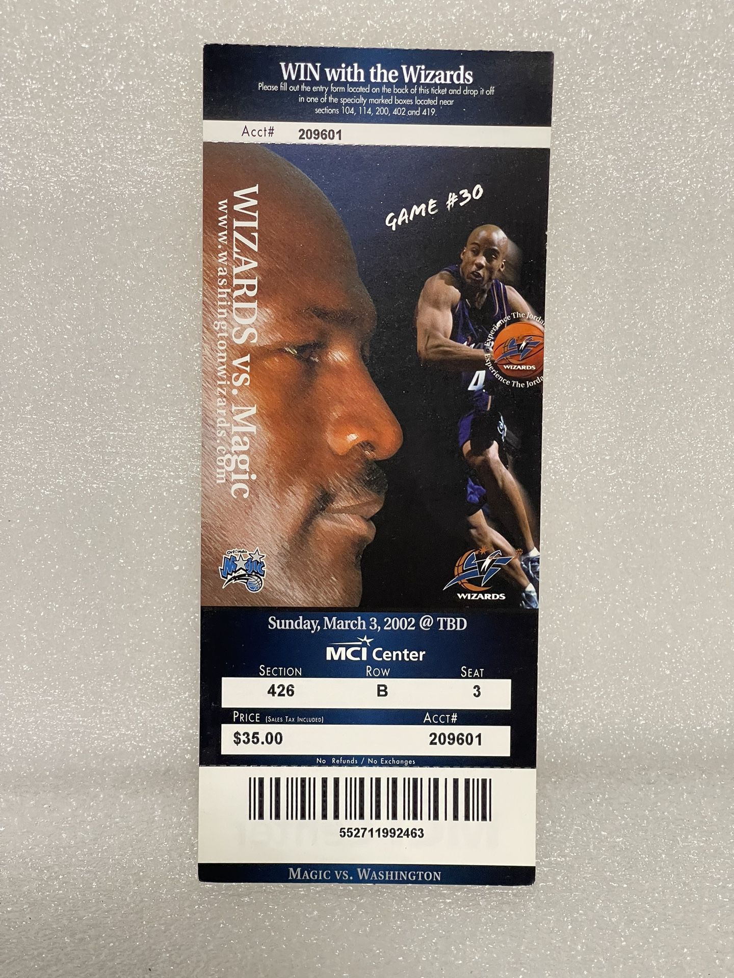 Wizards Vs. Magic Unused Basketball Ticket MCI Center 2002
