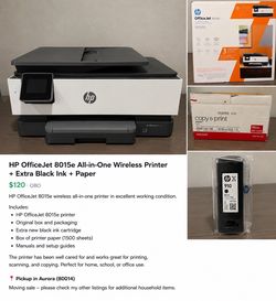 HP OfficeJet 8015e All-in-One Wireless Printer + Extra Black Ink + Paper