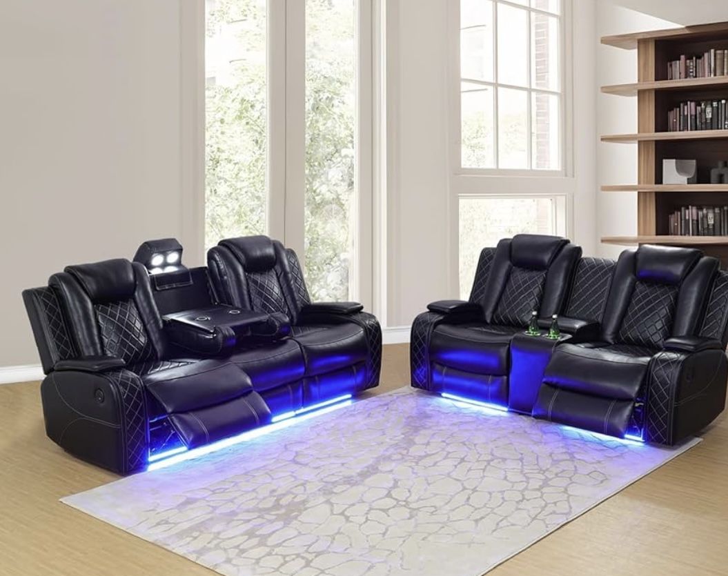 Power Electric Black Leather Fully Reclining Couch And Love Seat