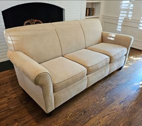 Flexsteel Dana Fabric Sofa Clean & Comfortable USA + Free Stretch Velvet Cover (Sea Grass)