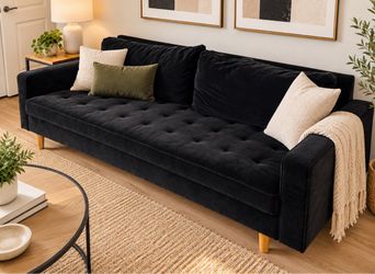 Black Velvet Tufted Sofa with Wood Legs
