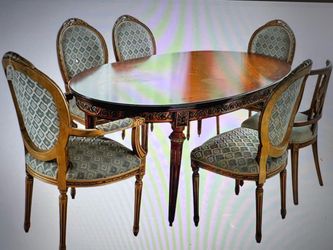 Antique Dining Set Oval Wood Bronze Table 6 chairs