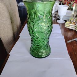 Vintage Green Crinkle Glass Vase 9.5"