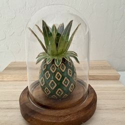 Green/ Gold Glam Pineapple Sculpture in Glass Dome w/Wood Base