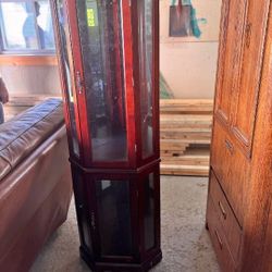 Wood &Glass& Mirror Corner Display Curio Cabinet With Light