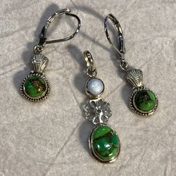 Genuine Green Tourquise Set. Pendant Has Real Pearl Set In It. 