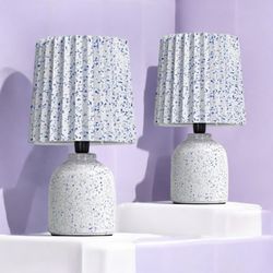 Set of 2 Mini Printed Ceramic Base Table Lamps with Printed Pleated Shades