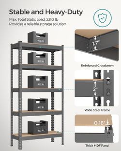 5-Tier Storage Shelves, Load 2310 lb, Garage Storage, Boltless Assembly, Adjustable Shelving Unit, 11.8 x 29.5 x 59.1 Inches, for Study Shed Basement,