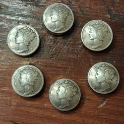 Set Of 6 Authentic Silver Mercury Dime Button Covers 