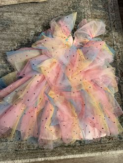 6t girl’s Rainbow Tulle Star and Moon Ruffle Dress multicolor