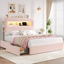 Full Size Velvet Upholstered Bed with LED Lights & 2 Drawers, Storage Headboard