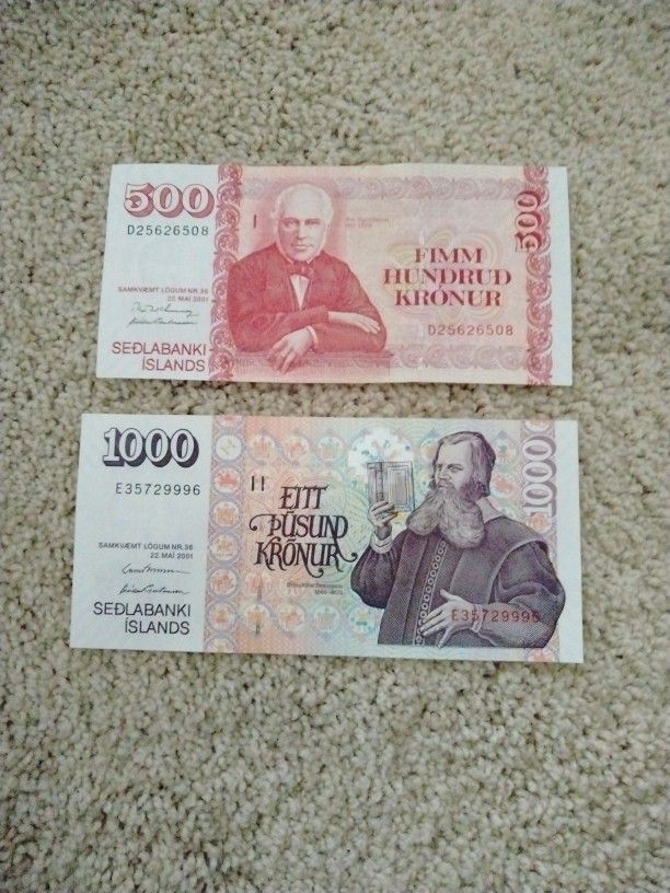 Icelandic Krona New Crisp Bills 1000 & 500