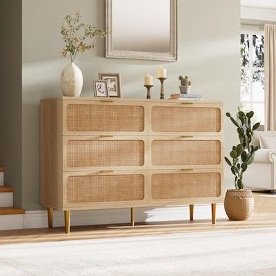Natural Rattan 6 Drawer Dresser with Metal Handles and Storage Compartments for Bedroom and