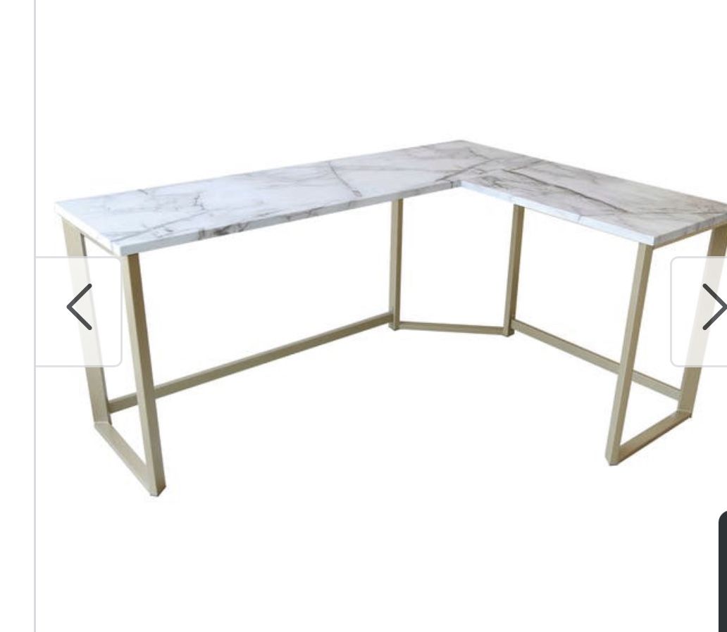 White Faux Marble Print L-Shaped Writing Desk (Gold)