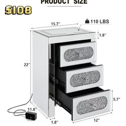 😀 1Pcs Silver Nightstand Mirrored End Table with Wireless/USB/Type C Charging, Modern LED Side Table with Crystal Drawers, Storage Cabinet