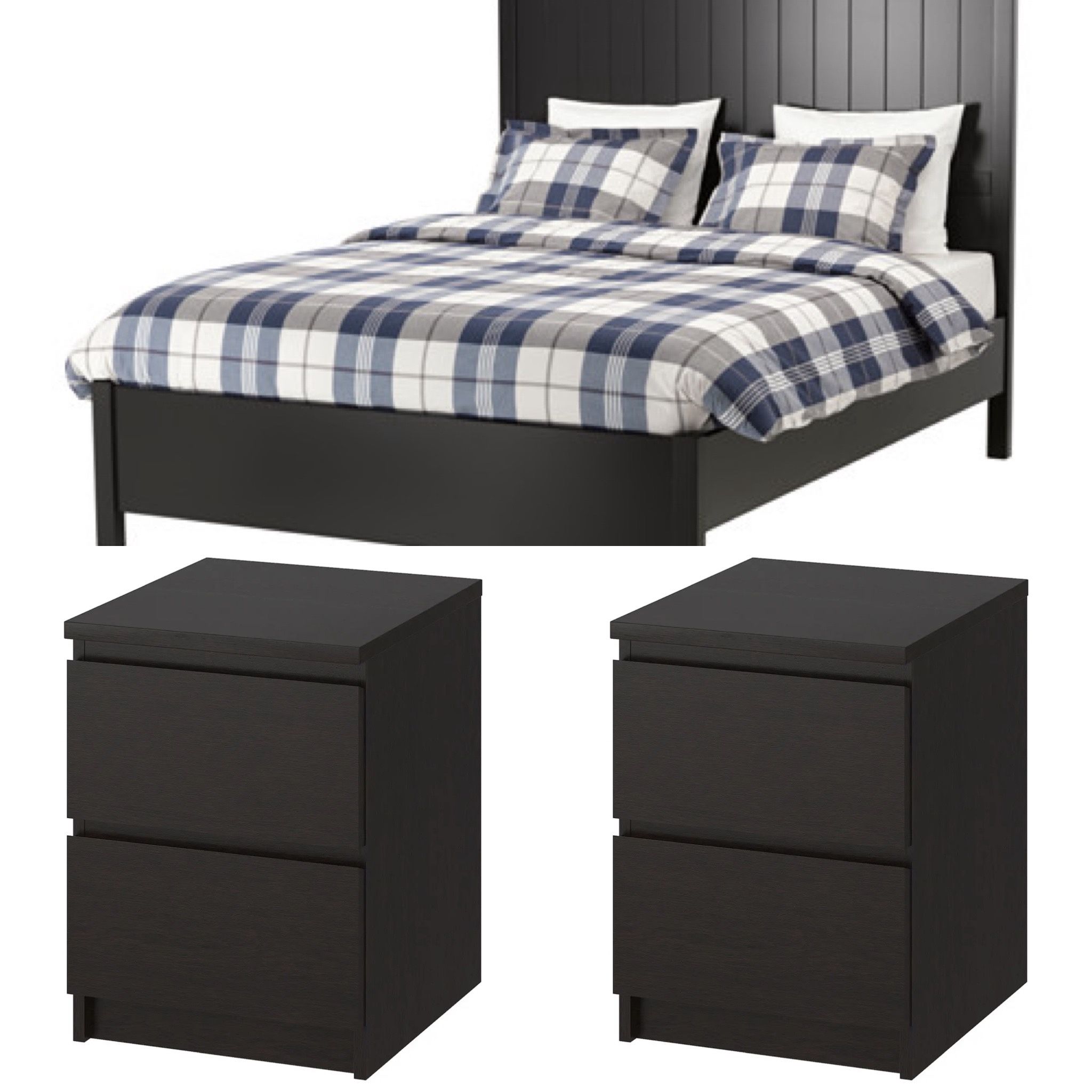 IKEA Bedroom Set - Queen Bed With Slats & 2 Nightstands With Glass Tops