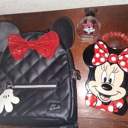 Mini Mouse Backpack, Tin Case and Perfume.