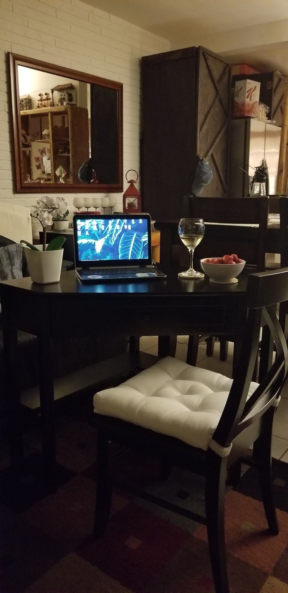 Black corner table or desk with the chair.