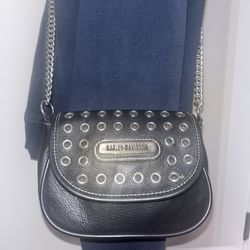 Harley-Davidson Black Leather Crossbody Clutch Purse Bag Silver Chain & Grommets