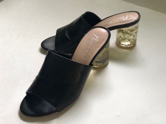 Nanette Lepore Iris Black Mule Sandal with Transparent Round Heel and Suspended Flower Art