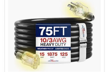 75ft Outdoor/Indoor Extension Cord 10/3 Gauge Ultra Heavy Duty 3 Prong SJTW, Waterproof, Flexible Cold-Resistant Long Power Cord,15A 125V 1875W, Black