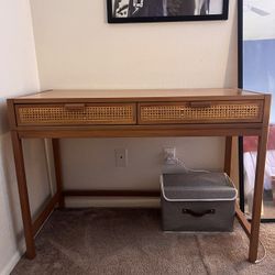 Wood Veneer Desk with Rattan Drawers