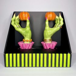 Set of 2 Pink Halloween Witch Hands Taper Candle Holders