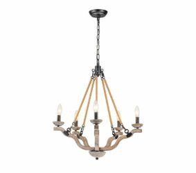 5-Light Antique Wood Hemp Rope Candle Style Chandelier