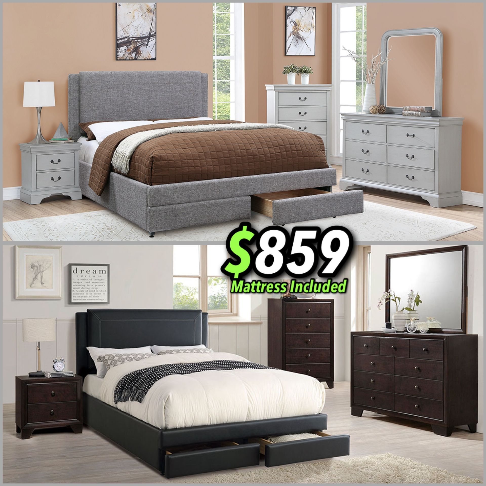 4pcs Queen Size Bedroom Set w. Mattress Included