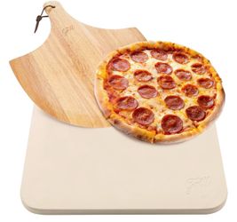 Pizza Stone by Hans Grill Baking Stone for Pizzas use in Oven and Grill/BBQ Free Wooden Pizza Peel Rectangular Board 15 x 12 Inches Easy Handle Baking