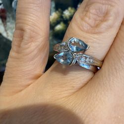10K White Gold Aquamarine And Diamonds Beautiful Ring Perfect Gift For Holidays
