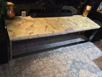 ELEGANT CHROME PEARL MARBLE LOOK COFFEE SOFA TABLE. TOP COATING MADE FROM EPOXY….80 X 23 X 20H