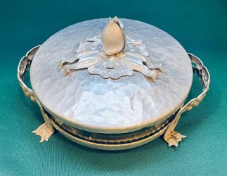 Vintage Rodney Kent Hand wrought hammered aluminum covered serving dish with lid and tulip finial