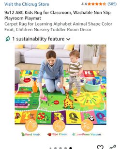 9x12 ABC Kids Rug for Classroom, Washable Non Slip Playroom Playmat Carpet Rug for Learning Alphabet Animal Shape Color Fruit, Children Nursery Toddle