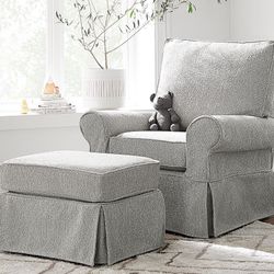 Pottery Barn Gray Slip Covered Swivel Glider Chair WITH Ottoman