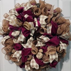 🌿 Handmade 24” Rustic Farmhouse Wreath | Burlap, Plaid & Burgundy | Custom by ChicaCrafts