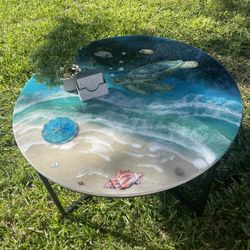 Round Coffee Table ,sand , Ocean , Sea Turtle 