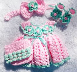 Crochet Baby Girl Pink and Mint Green Headband Heirloom Dress Set Photo Prop Shipping Available