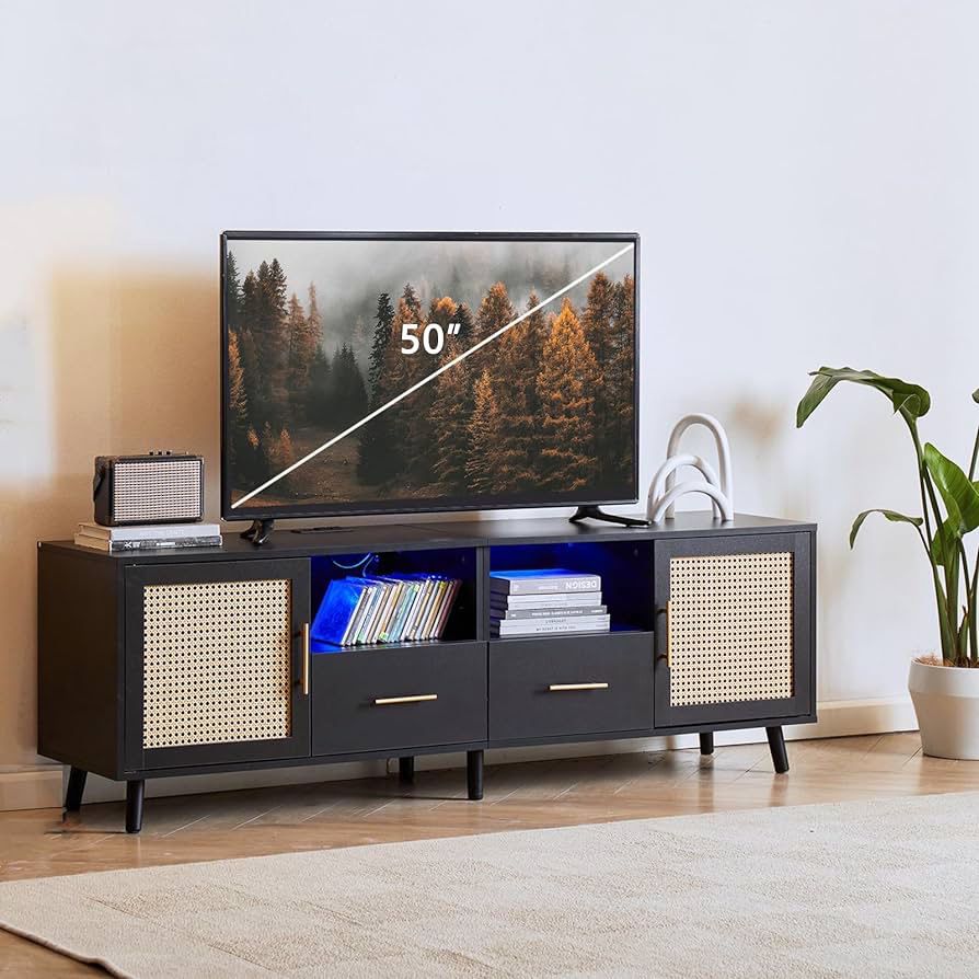 TV Stand for 70 Inch TV - 15.7" D x 63" W x 20.9" H Wood Rattan Media Console with Charging Station Light Strip，Black