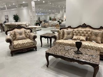 Brand New Eye Catching Design 2 Pc Sofa Set features cherry finish w/gold tipping